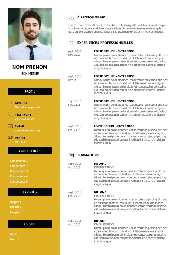 CV créatif jaune à télécharger