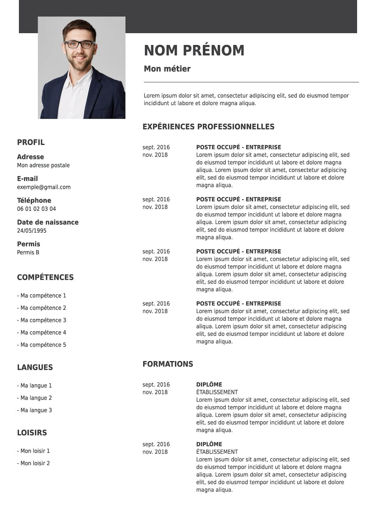 Exemple d'un CV professionnel avec photo